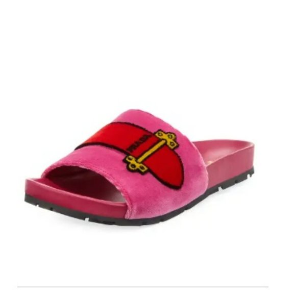 Prada Fuchsia Velvet Belt Slides - Picture 1 of 8